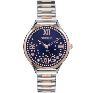 Ρολόι GREGIO Anette Crystals GR230060 με μπλε καντράν και ασημί ροζ χρυσό μπρασελέ.