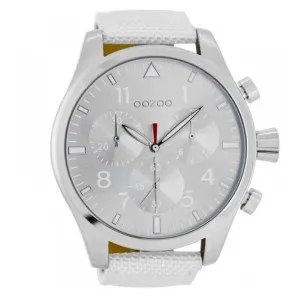 Ρολόι OOZOO XXL Τimepieces C6620 με ασημί καντράν και λευκό υφασμάτινο λουράκι.